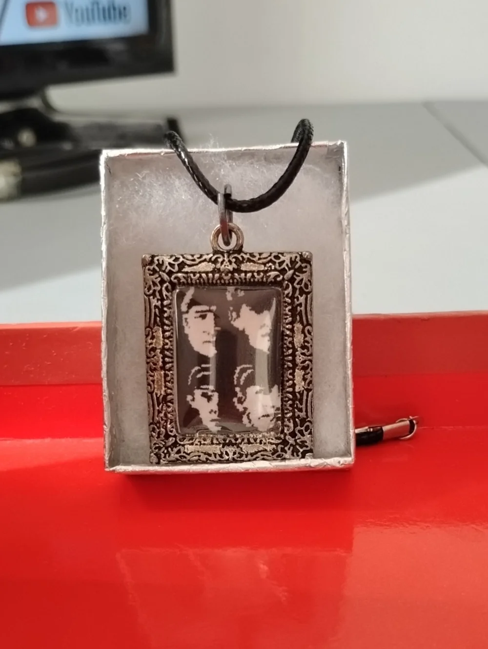 Vintage-Style Rectangular Photo Pendant Necklace - Black Cord